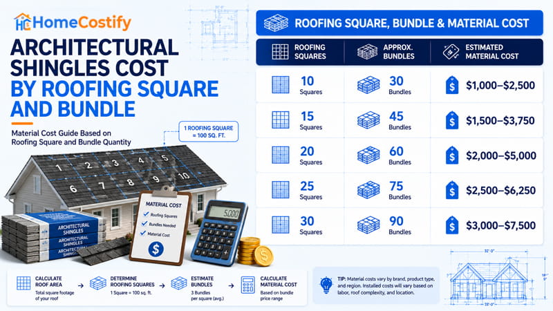 Architectural Shingles Cost by Roofing Square and Bundle