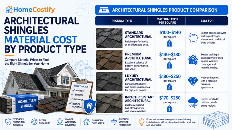 Architectural Shingles Material Cost by Product Type