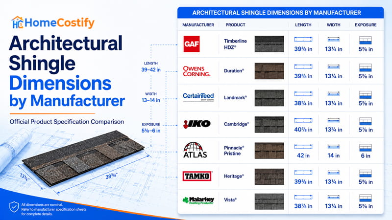 Architectural Shingle Dimensions by Manufacturer