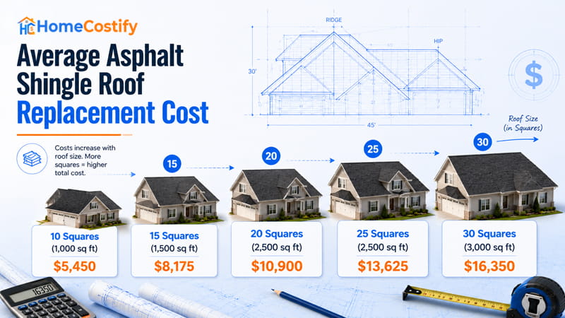 Average Asphalt Shingle Roof Replacement Cost by Roof Size