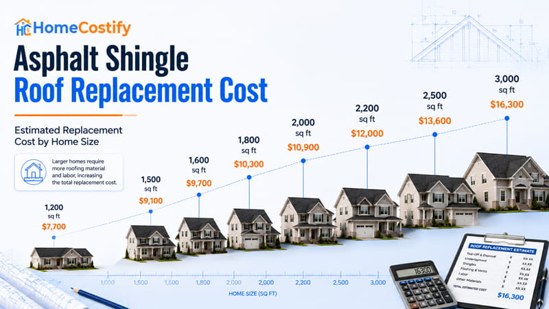 Estimated Asphalt Shingle Roof Replacement Cost by Home Size