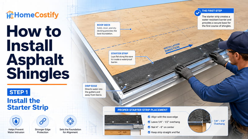 How to Install Asphalt Shingles Step 1: Install the Starter Strip