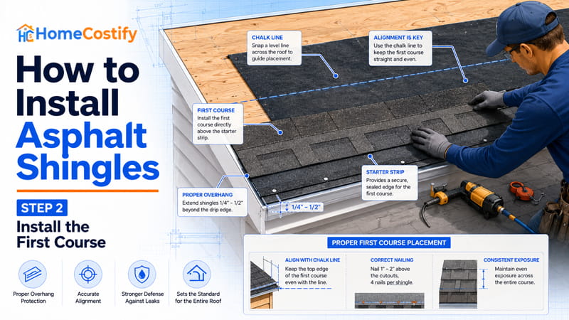 How to Install Asphalt Shingles Step 2: Install the First Course