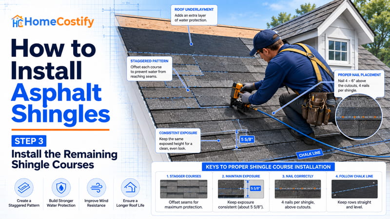 How to Install Asphalt Shingles Step 3: Install the Remaining Shingle Courses