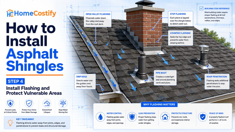 How to Install Asphalt Shingles Step 4: Install Flashing and Protect Vulnerable Areas