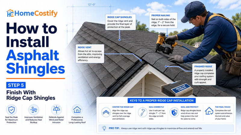 How to Install Asphalt Shingles Step 5: Finish With Ridge Cap Shingles