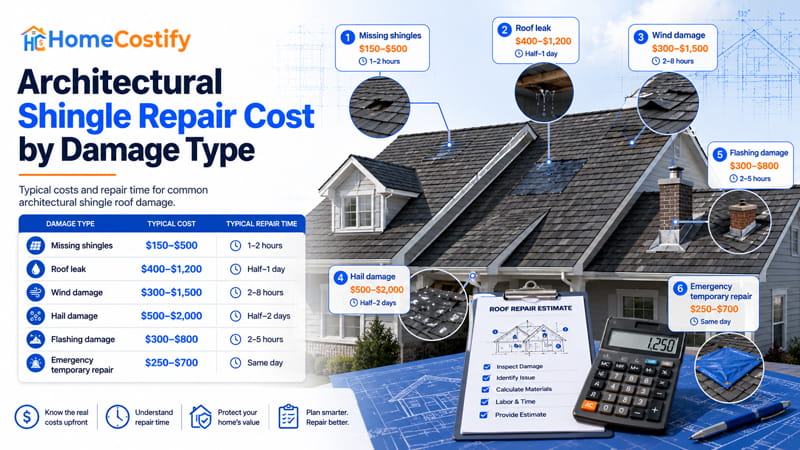Architectural Shingle Repair Cost by Damage Type