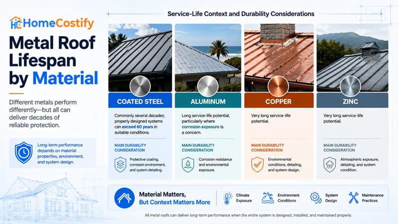 Metal Roof Lifespan by Material